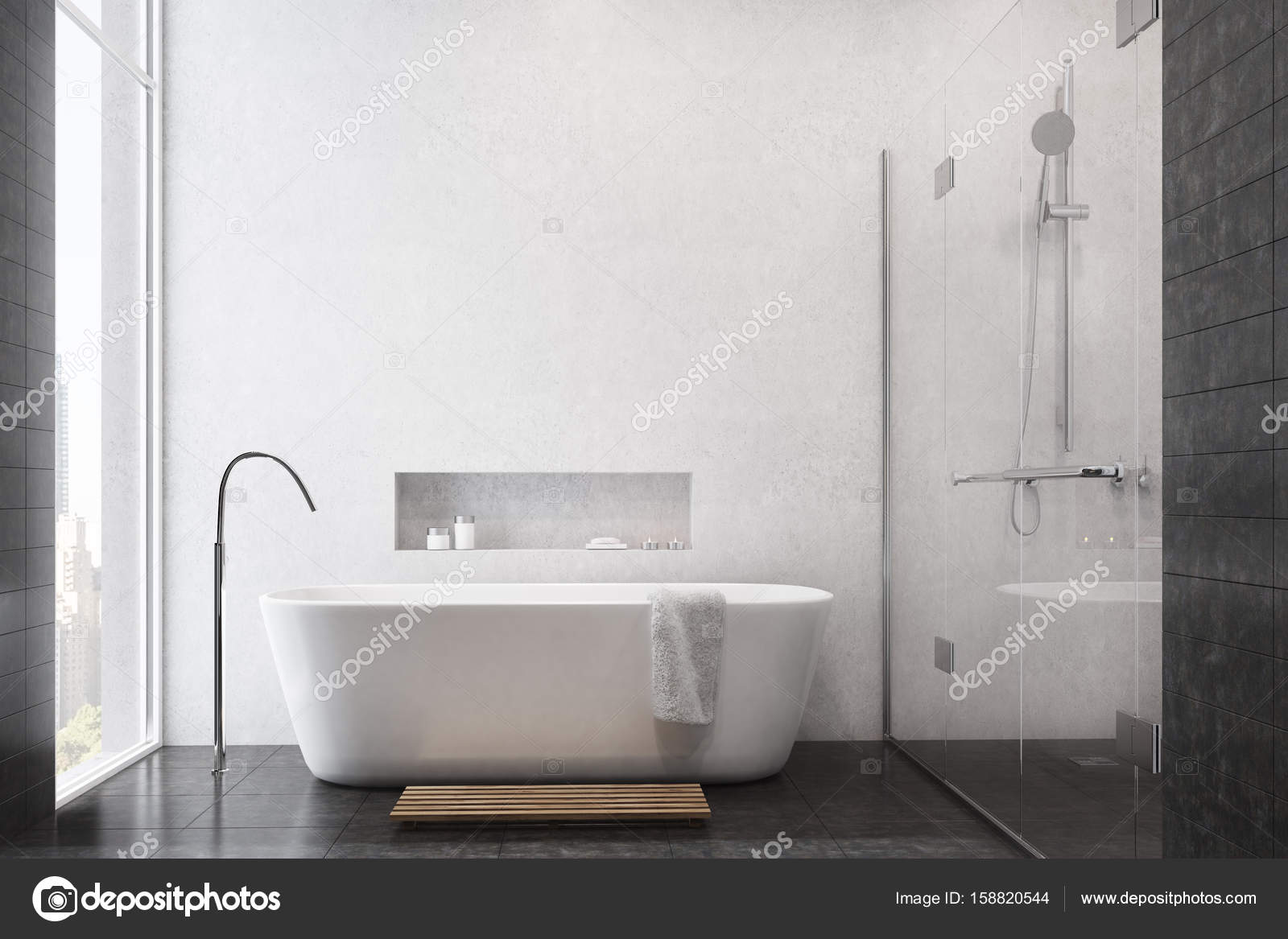 Baño moderno con azulejos de mármol y paredes blancas. — Foto de stock