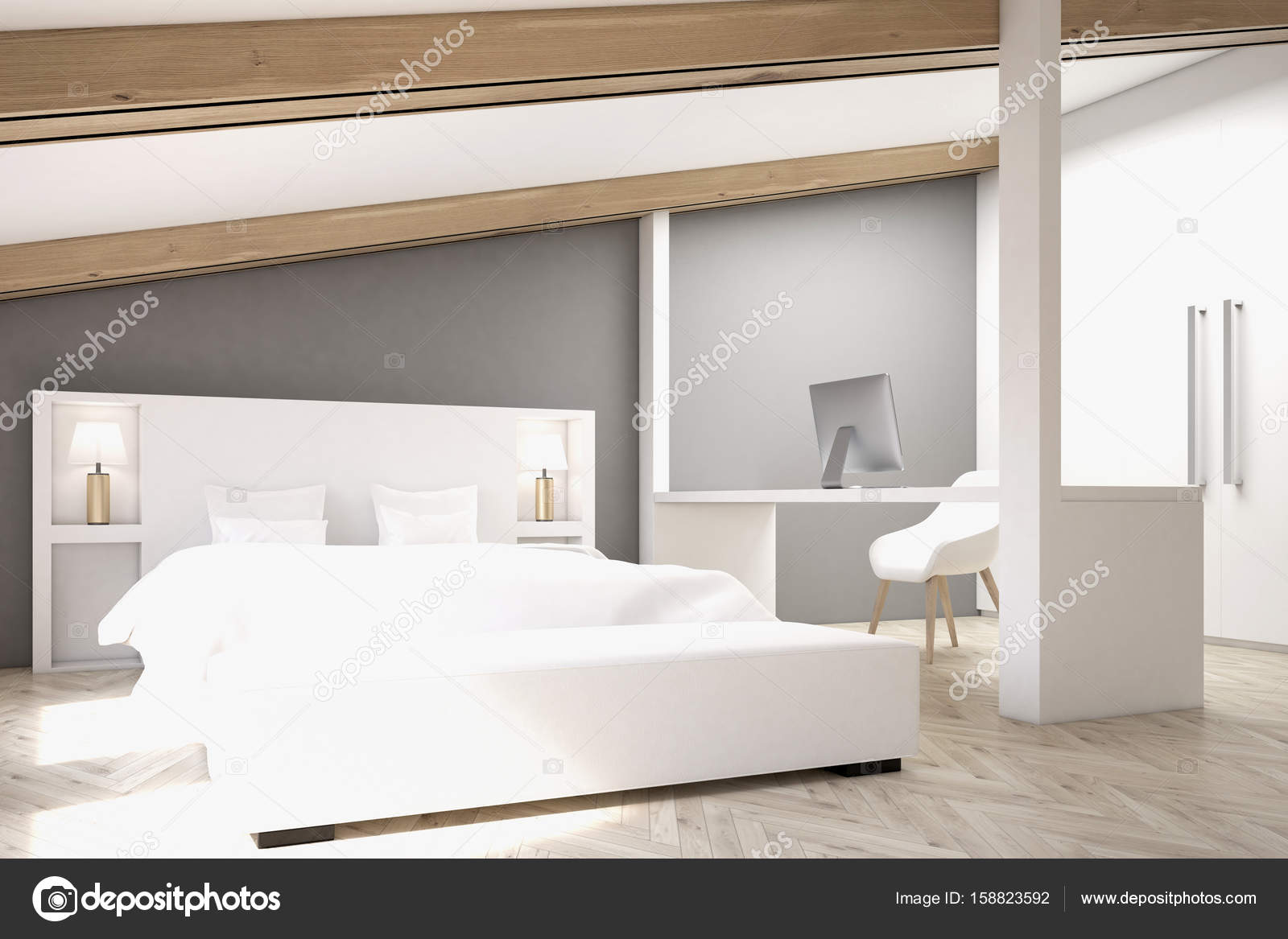 Grijze zolder slaapkamer, kantoor aan huis, kant — Stockfoto ... Grijze zolder slaapkamer, kantoor aan huis, kant — Stockfoto ...