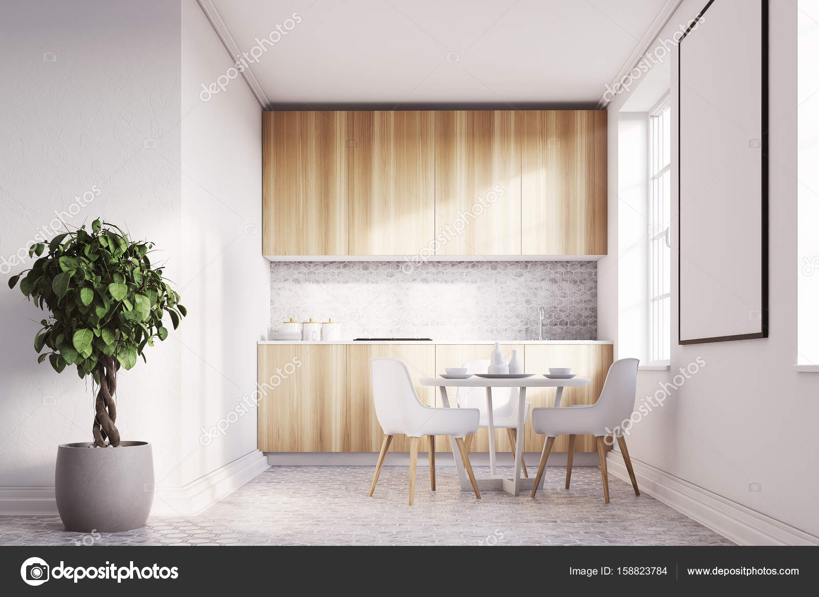 Cucina bianca con un poster, anteriore di ripiani in legno — foto ... Un pavimento di cemento o legno