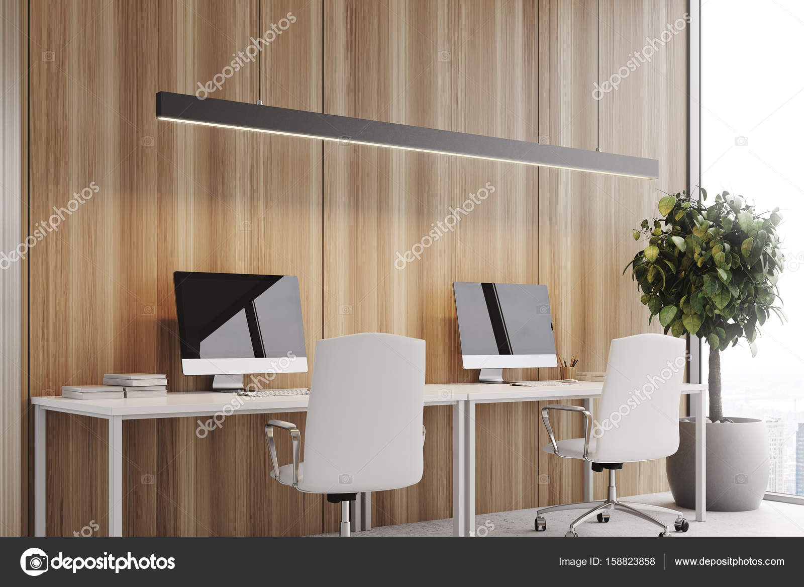 Wooden Office Two Computers Side Stock Photo C Denisismagilov