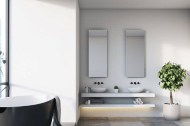 Beyaz banyo, siyah küvet, ağaç