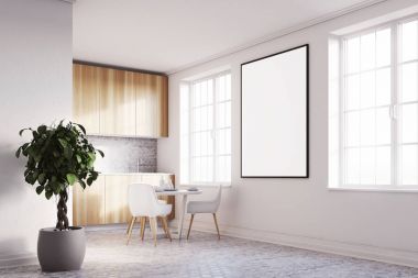 Poster, ahşap mutfak tezgahı ile beyaz mutfak