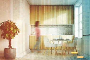 Beyaz mutfak, ahşap mutfak tezgahı açık, kız