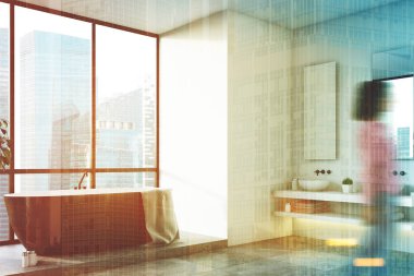 Beyaz banyo, siyah küvet, ağaç, köşe, kadın