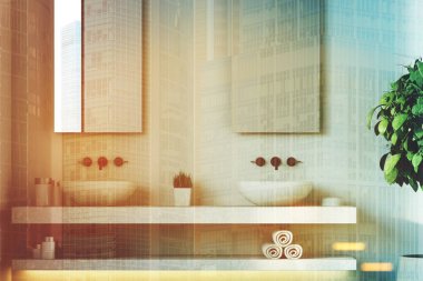 Beyaz banyo, çift lavabo, tonda ağaç