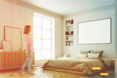 Beyaz yatak odası iç, kadın, köşe