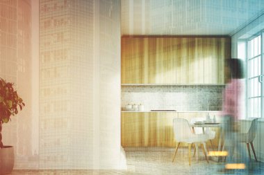 Beyaz mutfak, ahşap mutfak tezgahı açık kız