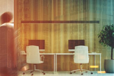 Ahşap ofis, iki bilgisayar, açık, insanlar