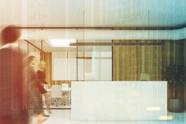 Ahşap ofis, beyaz Resepsiyon, akvaryum, insanlar