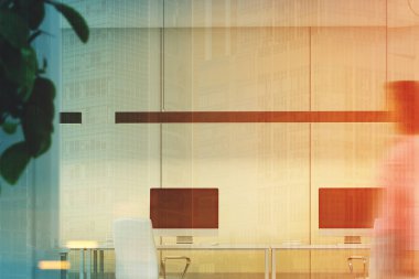 Tablolar, ofis, kadın üzerinde iki bilgisayar