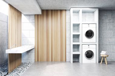 Gri çamaşır odası, lavabo, çamaşır makinesi ahşap