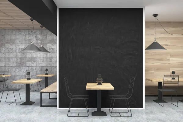 Grijs en houten café, zwarte muur, tabel — Stockfoto