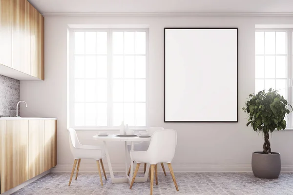 Белая кухня с плакатом, деревянные столешницы сбоку — стоковое фото