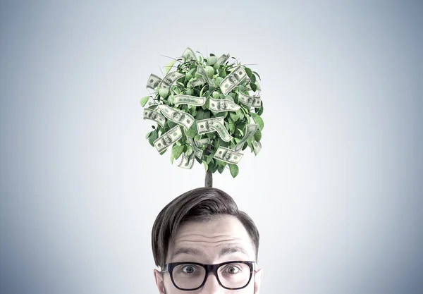 Amazed guy in glasses, dollar tree — Stock Photo, Image