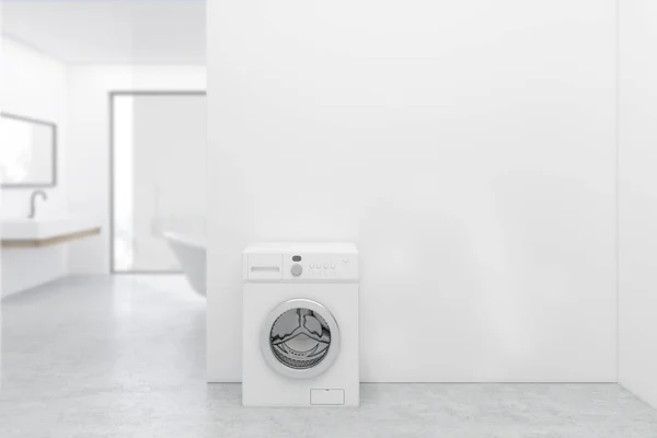 White floor bathroom and a washing machine — Stock Photo, Image