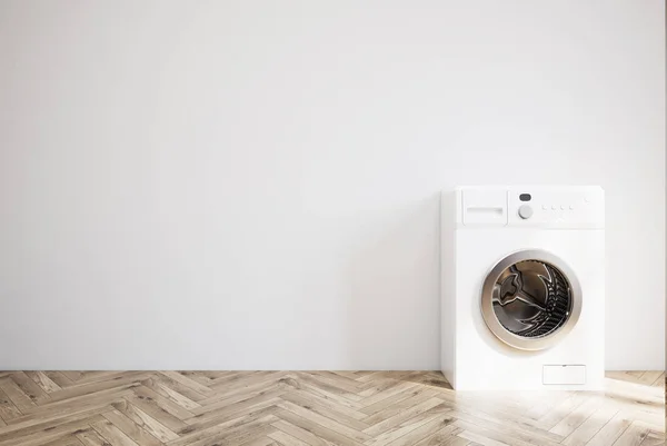 Camera grigia con lavatrice, pavimento in legno — Foto Stock