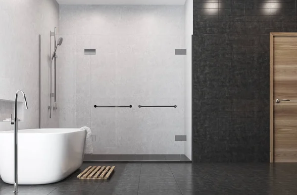 Baño blanco, azulejos negros, lado de la ducha — Foto de Stock