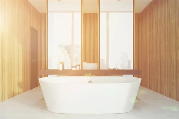 Wooden bathroom, double sink toned — Stock Photo, Image