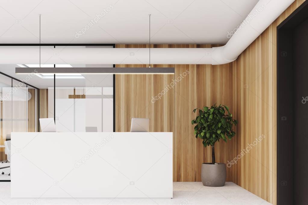 Wooden office, white reception