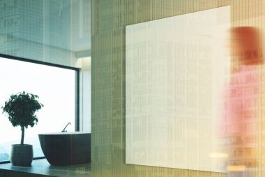 Bej banyo, siyah küvet, tonda yan