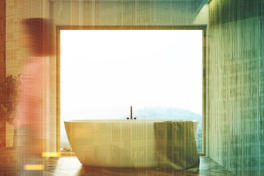 Büyük pencere ahşap banyo iç, kız