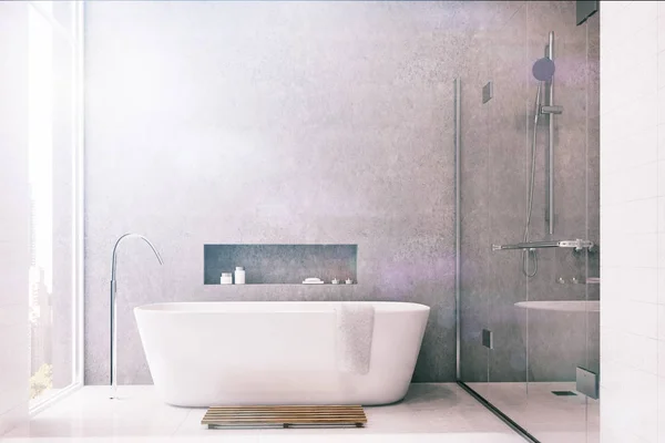 Gri banyo, beyaz fayans, tonda duş — Stok fotoğraf