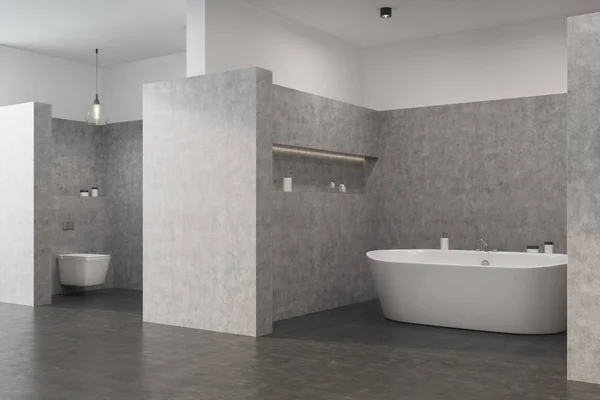 Graues Badezimmer mit weißer Badewanne, Toilette — Stockfoto