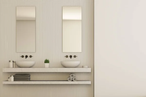 Intérieur de la salle de bain beige, lavabo double — Photo
