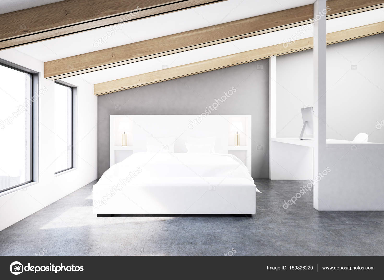 Grijze zolder slaapkamer, betonnen vloer — Stockfoto ... Grijze zolder slaapkamer, betonnen vloer — Stockfoto ...