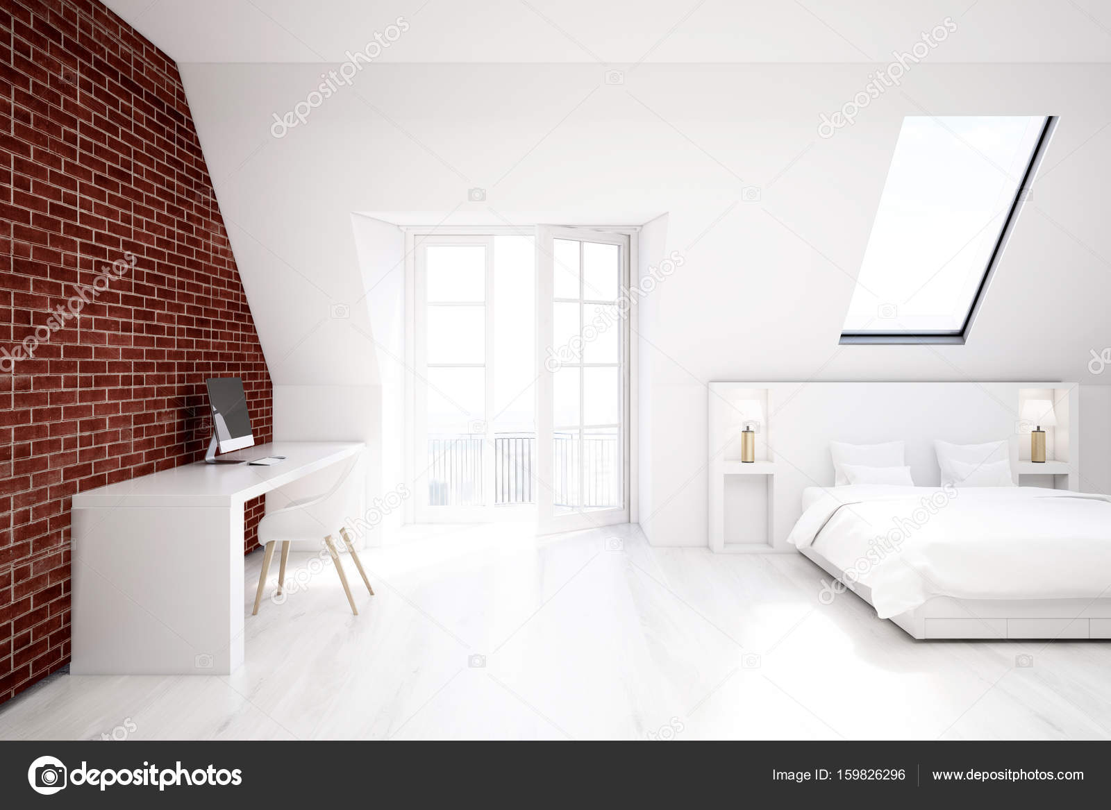 Baksteen zolder slaapkamer, kantoor aan huis — Stockfoto ... Baksteen zolder slaapkamer, kantoor aan huis — Stockfoto ...