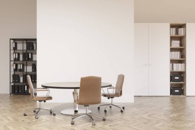 Beyaz ve ahşap ofis, kütüphaneler