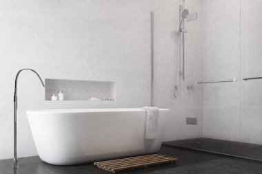 Beyaz banyo, siyah zemin, köşe