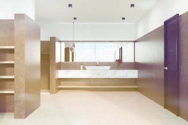 Bir mermer ile kahverengi banyo lavabo, açık tonda