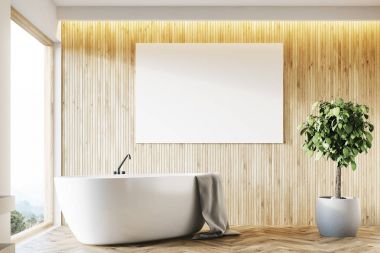 Beyaz küvet ahşap banyo, yakın çekim