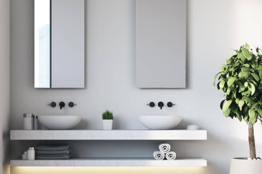 Beyaz banyo, çift lavabo, ağaç