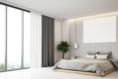 Bej renkli yatak odası ile bir poster, yan görünüm