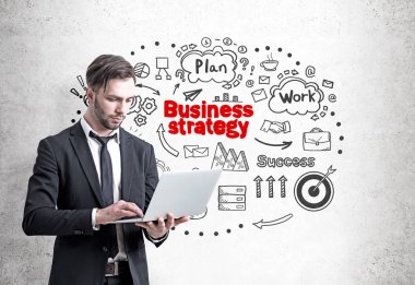 Sakallı işadamı ile laptop, strateji