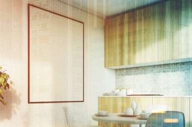 Beyaz mutfak, ahşap mutfak tezgahı closeup tonda