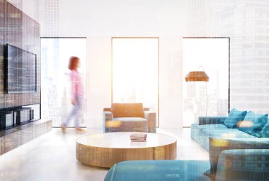 Beyaz salon iç, mavi li, kız