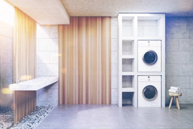 Gri çamaşır odası, çamaşır makinesi ahşap, yan