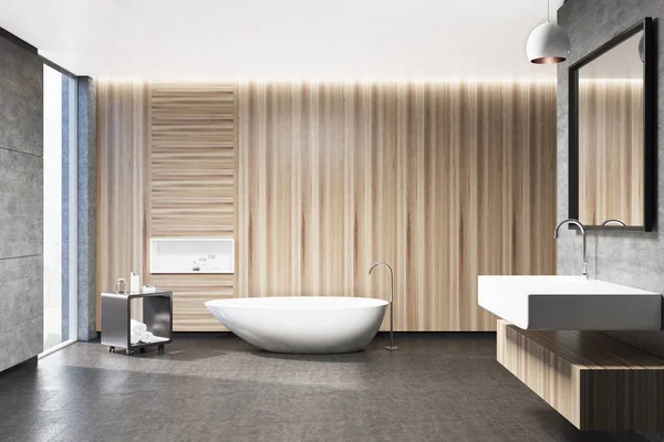 Интерьер деревянной ванной комнаты, раковина — стоковое фото