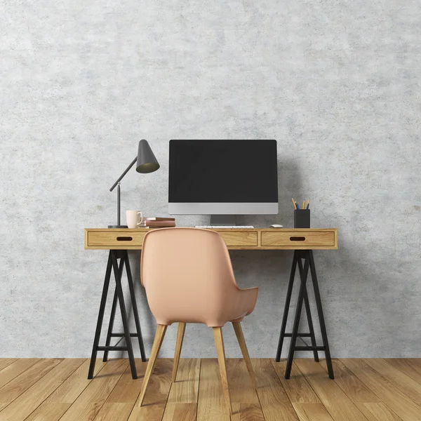 Concrete wall room, computer desk, beige — Stock Photo, Image