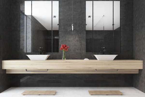 Czarne wnętrze łazienki, Podwójna umywalka — Zdjęcie stockowe