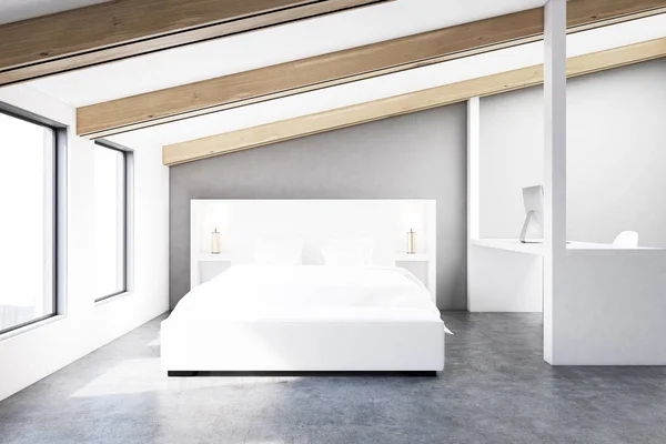 Grijze zolder slaapkamer, betonnen vloer — Stockfoto