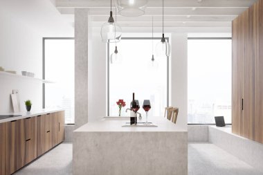 Beyaz mutfak, bar mermer pencere