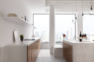 Mermer beyaz mutfak, pencere, açık bar