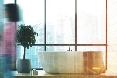 Büyük pencere banyo iç, ağaç, kız