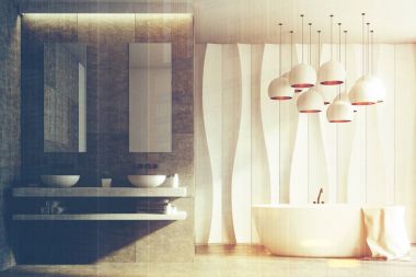 Beyaz ve mermer banyo, lavabo, küvet tonda