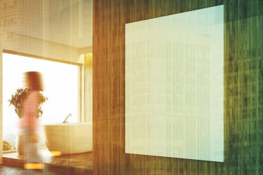 Ahşap banyo, beyaz küvet yan görünüm, kız