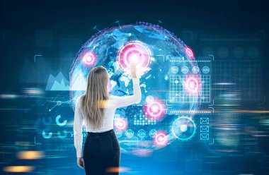 Dünya hologram grafik ve yer işaretleri, kadın